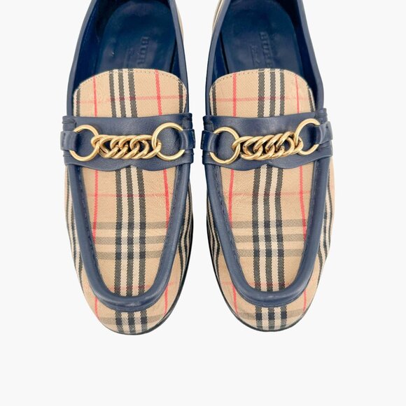Burberry Solway Chain Loafer EU 38 US 7-7.5 Beige Haymarket Check Canvas Moorley - Picture 3 of 13